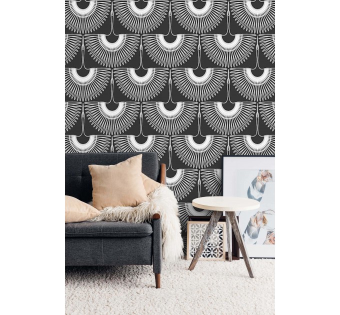 Art deco wallpaper cranes, statement accent wall covering