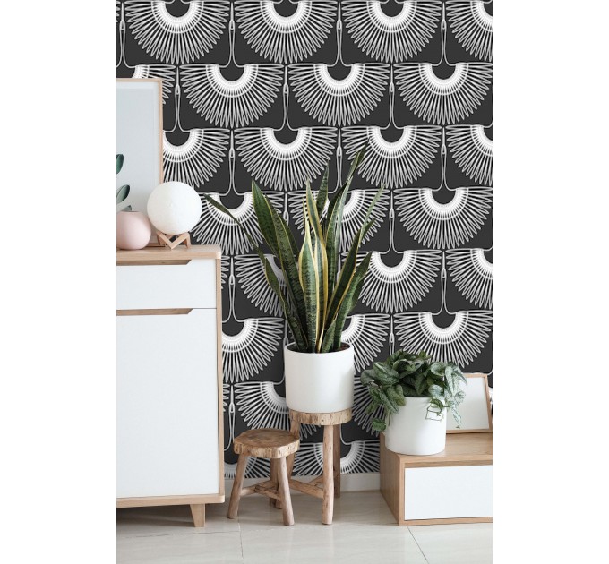 Art deco wallpaper cranes, statement accent wall covering