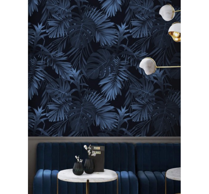 Dark blue tropical wallpaper palm leaves