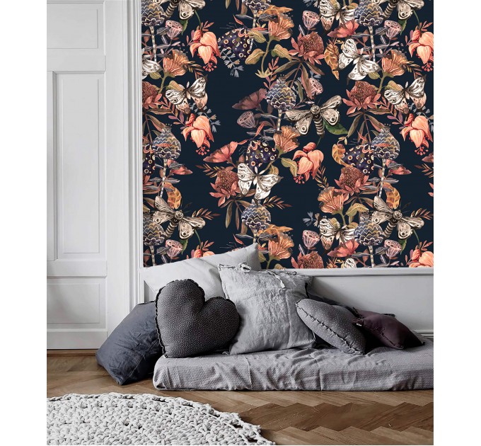 Dark vintage botanical wallpaper | Moths & Flowers