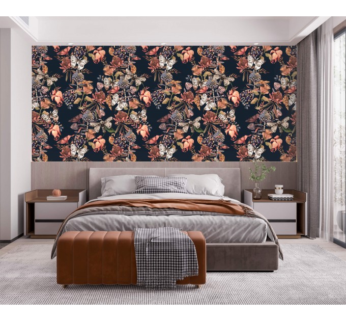 Dark vintage botanical wallpaper | Moths & Flowers