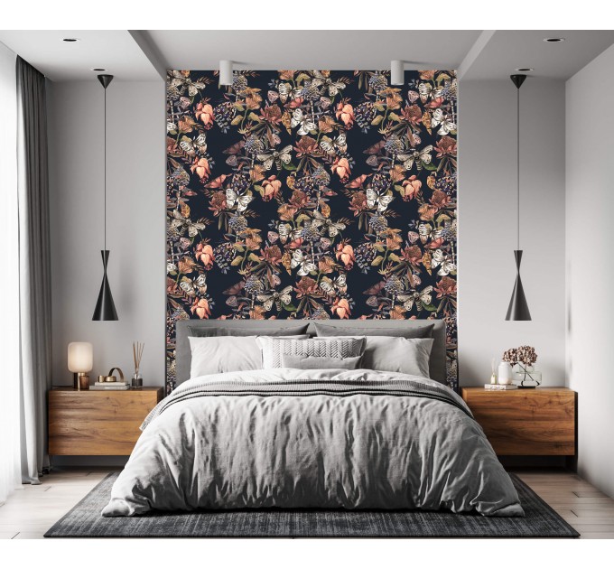 Dark vintage botanical wallpaper | Moths & Flowers