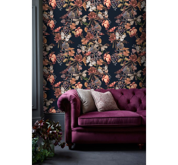 Dark vintage botanical wallpaper | Moths & Flowers