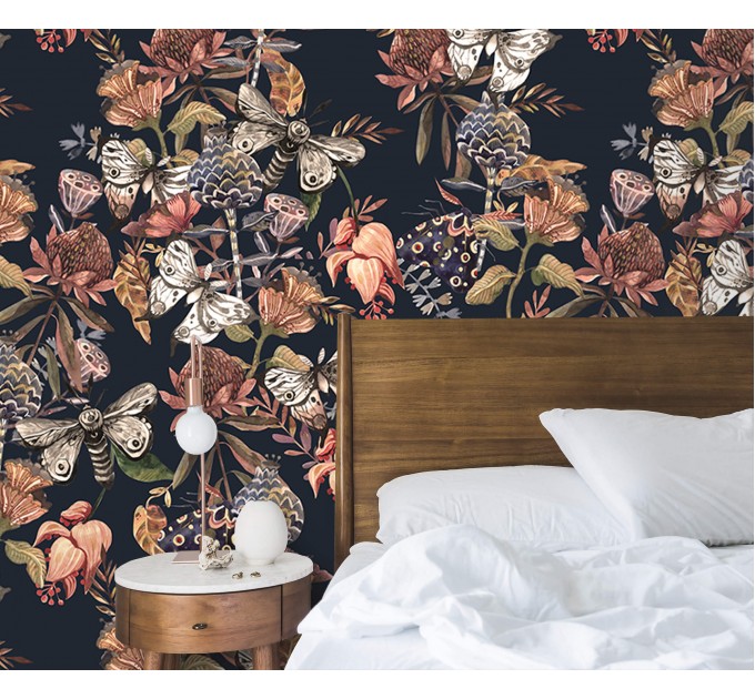Dark vintage botanical wallpaper | Moths & Flowers