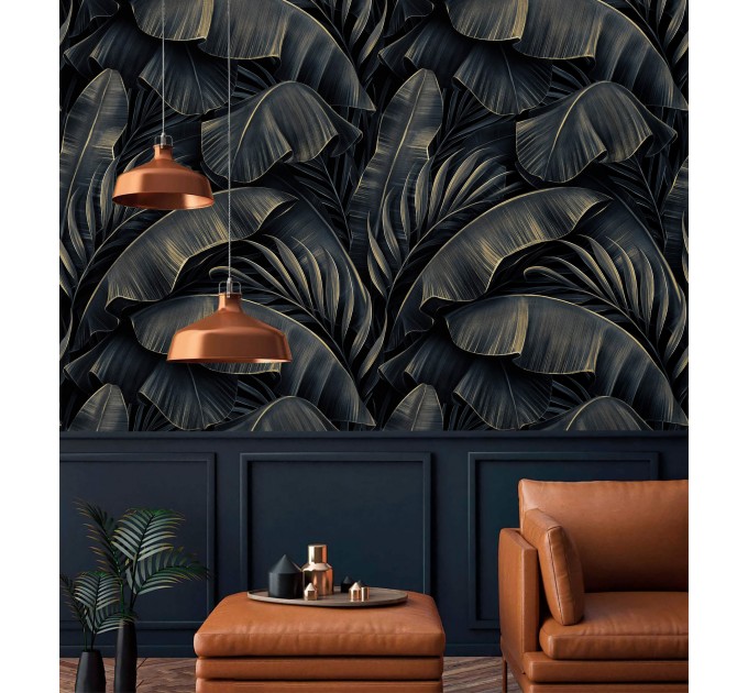 Dark tropical wallpaper large banana leaves