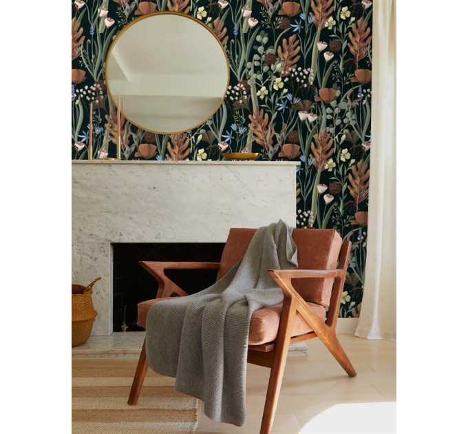 Dark botanical wallpaper Accent wallpaper leaves and herbs