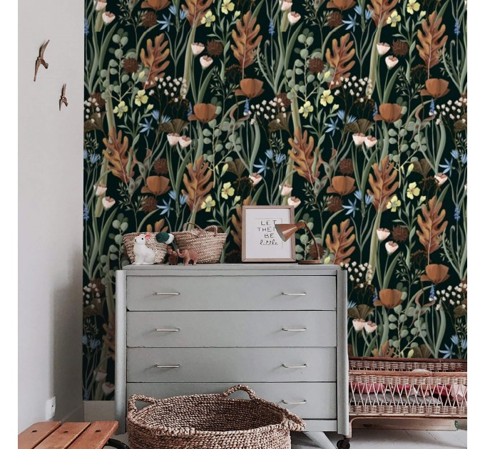 Dark botanical wallpaper Accent wallpaper leaves and herbs