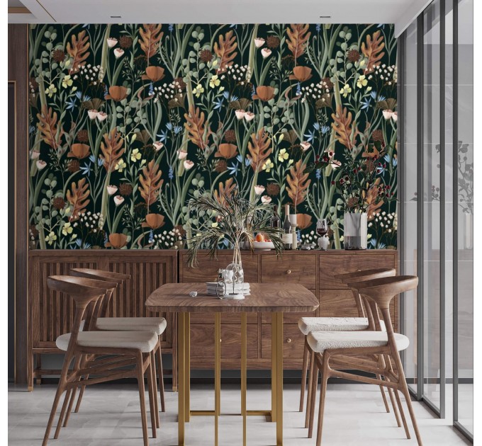 Dark botanical wallpaper Accent wallpaper leaves and herbs