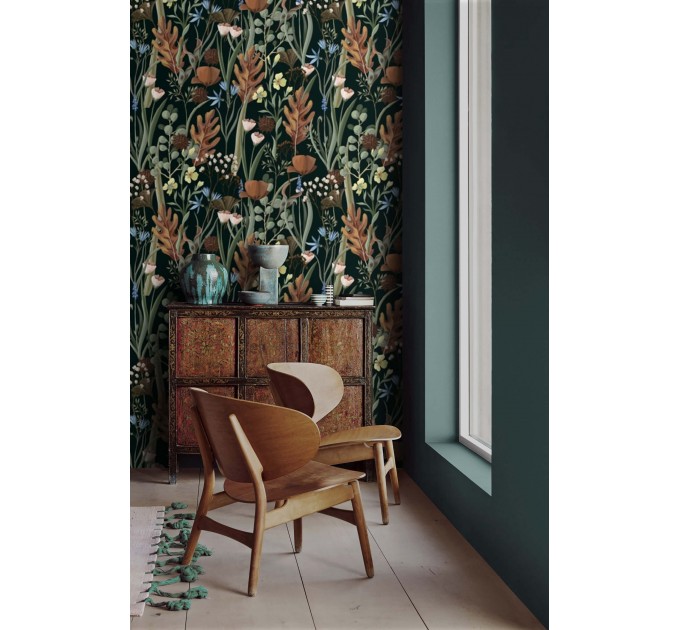 Dark botanical wallpaper Accent wallpaper leaves and herbs