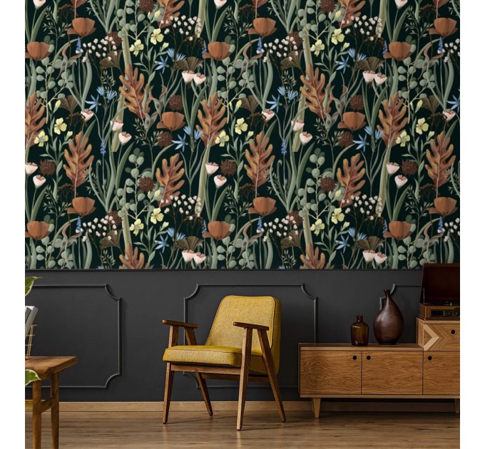 Dark botanical wallpaper Accent wallpaper leaves and herbs