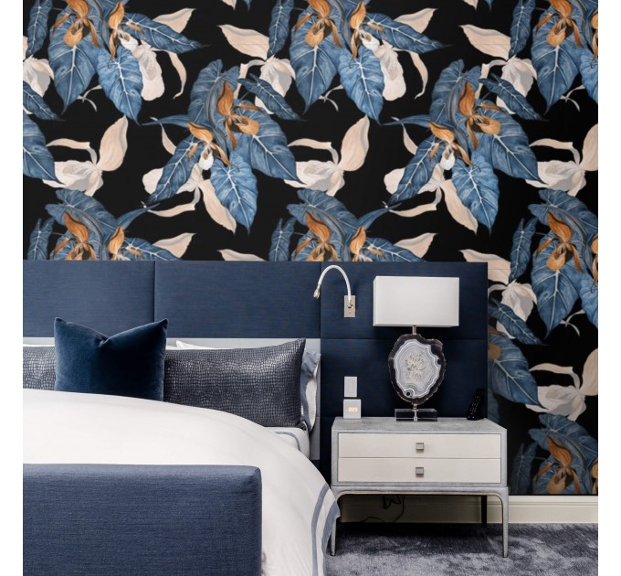 Dark wallpaper Large leaves dark blue