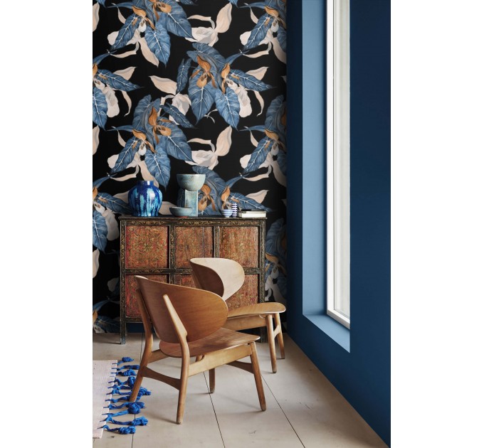 Dark wallpaper Large leaves dark blue