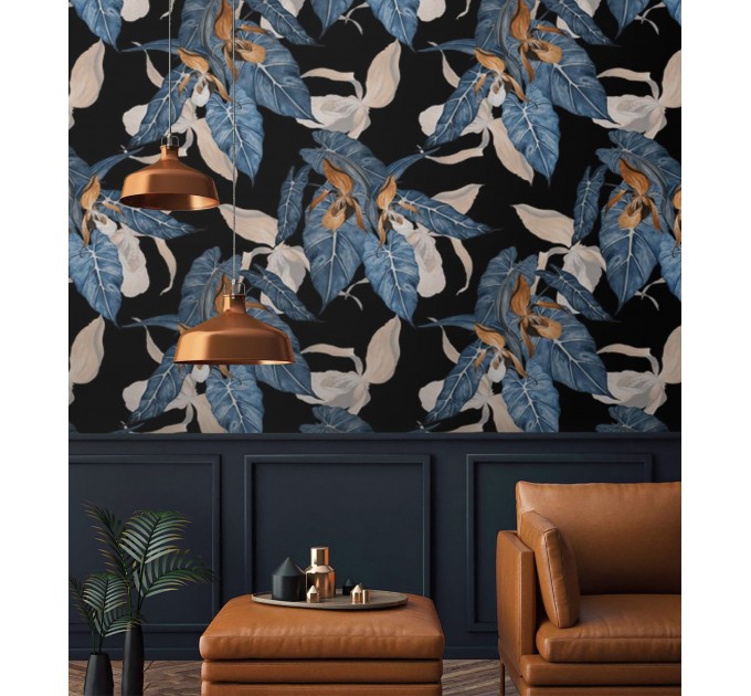 Dark wallpaper Large leaves dark blue