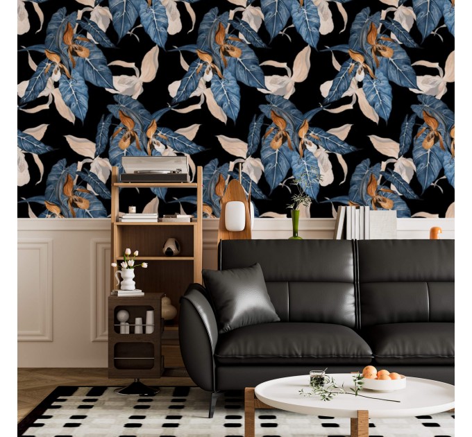 Dark wallpaper Large leaves dark blue