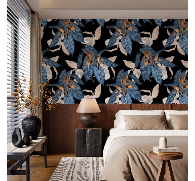 Dark wallpaper Large leaves dark blue