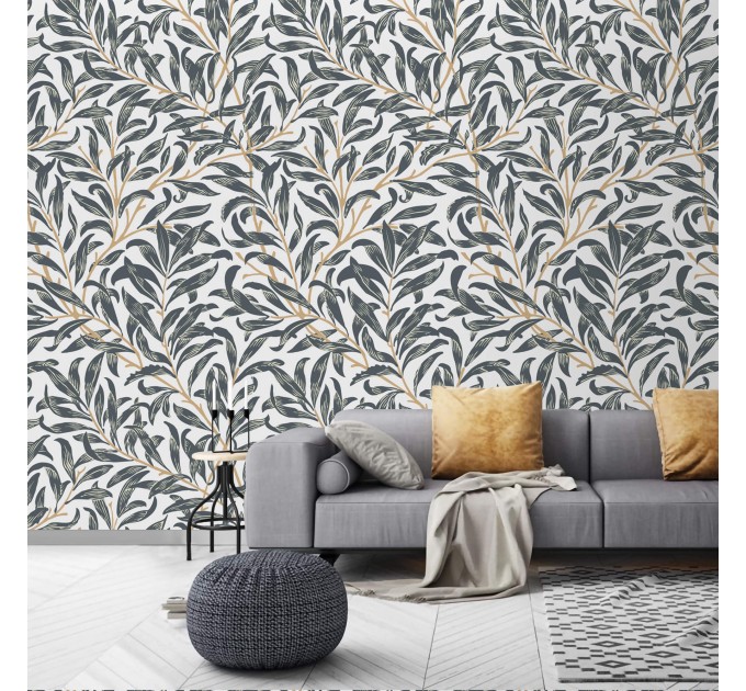 Wallpaper botanical leaves, vintage William Morris style
