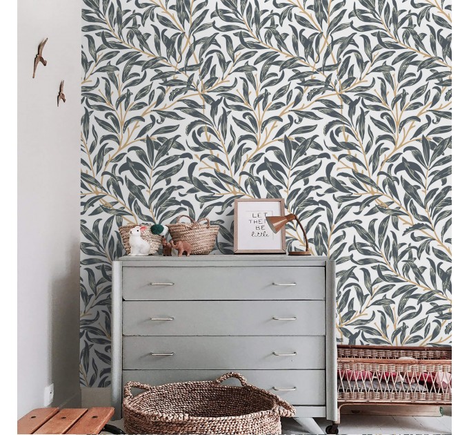 Wallpaper botanical leaves, vintage William Morris style