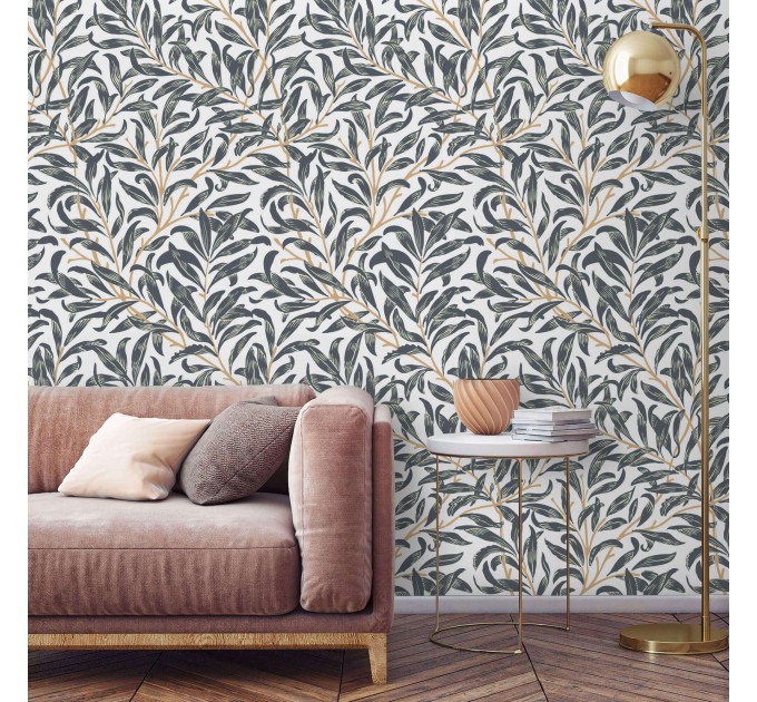Wallpaper botanical leaves, vintage William Morris style