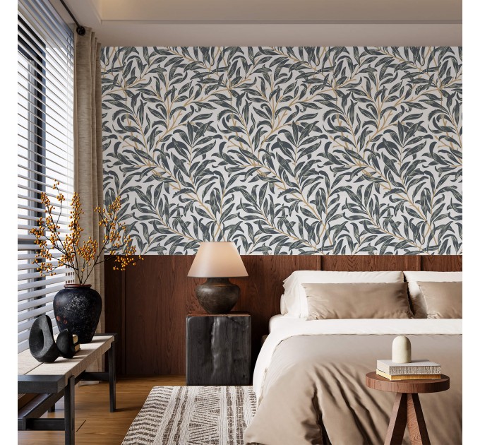 Wallpaper botanical leaves, vintage William Morris style