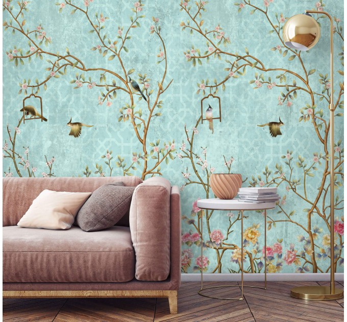 Chinoiserie wallpaper with birds Vintage floral wall mural