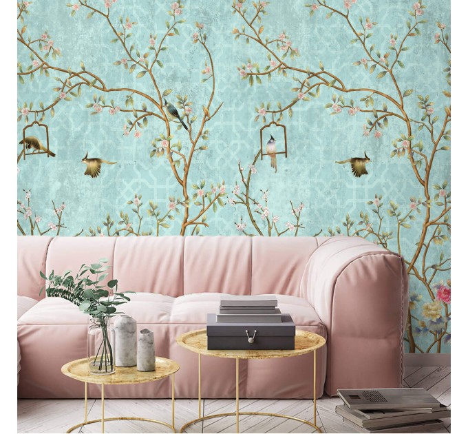 Chinoiserie wallpaper with birds Vintage floral wall mural