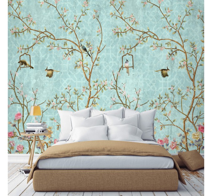 Chinoiserie wallpaper with birds Vintage floral wall mural