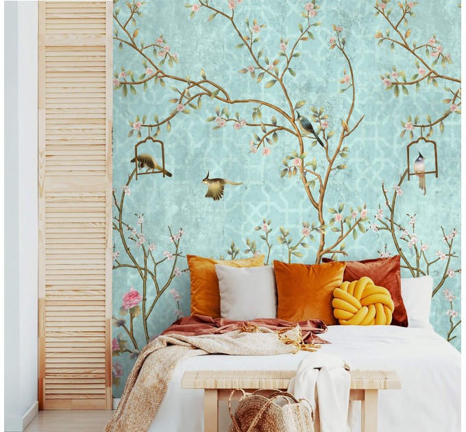 Chinoiserie wallpaper with birds Vintage floral wall mural