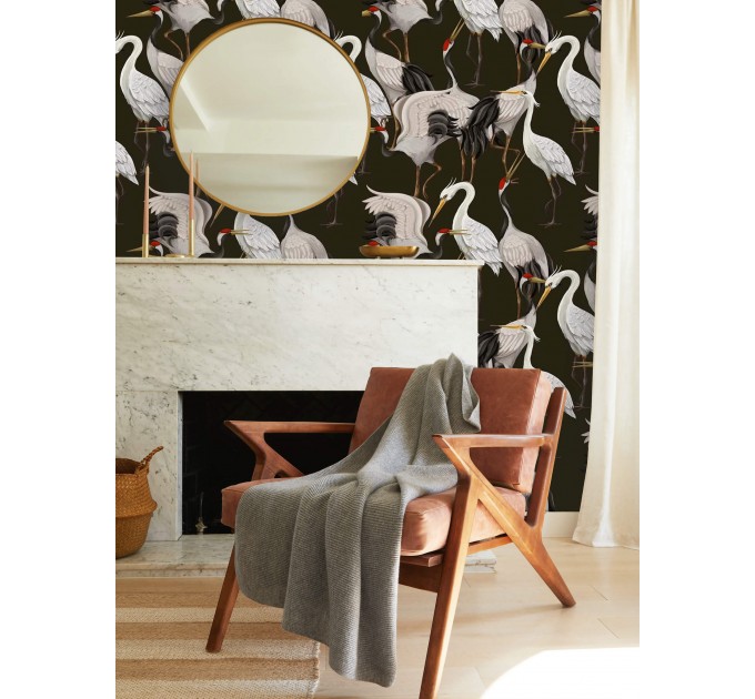 Dark wallpaper with cranes Japanese style wall covering