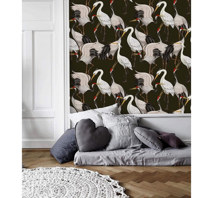 Dark wallpaper with cranes Japanese style wall covering