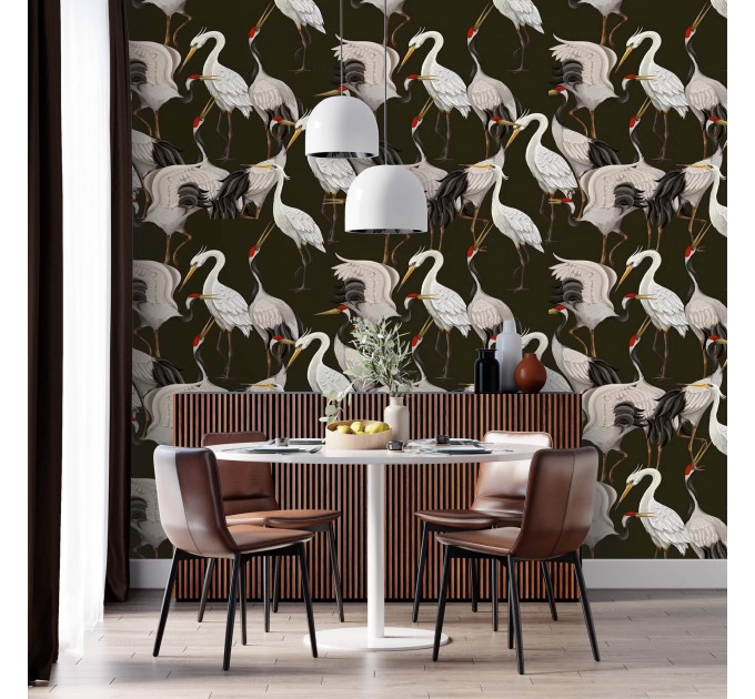 Dark wallpaper with cranes Japanese style wall covering