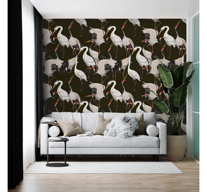 Dark wallpaper with cranes Japanese style wall covering