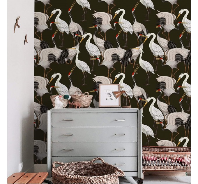 Dark wallpaper with cranes Japanese style wall covering