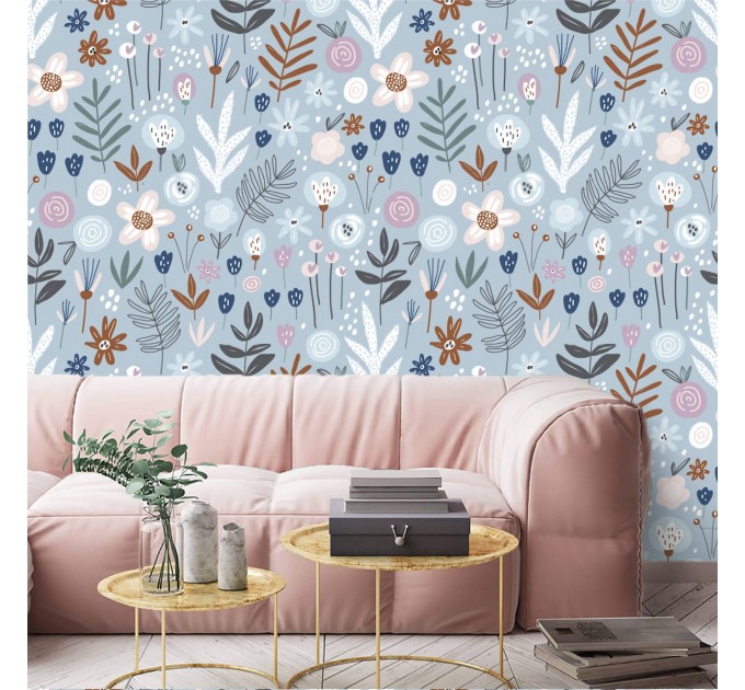 Floral wallpaper blue flowers Girls nursery  accent decor