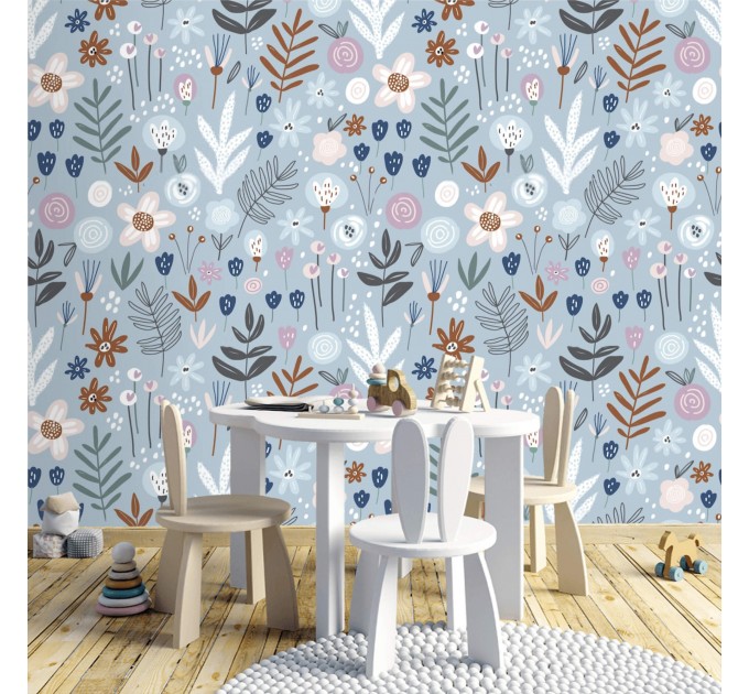Floral wallpaper blue flowers Girls nursery  accent decor