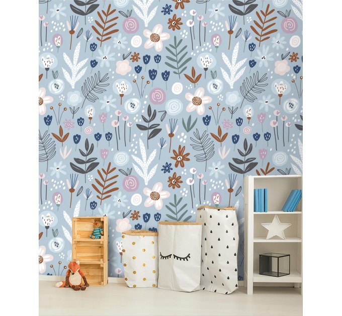 Floral wallpaper blue flowers Girls nursery  accent decor