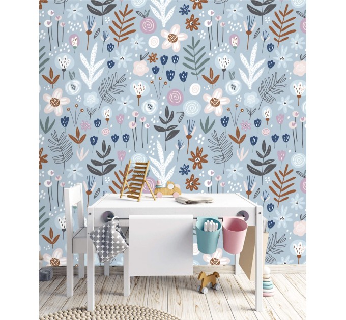 Floral wallpaper blue flowers Girls nursery  accent decor