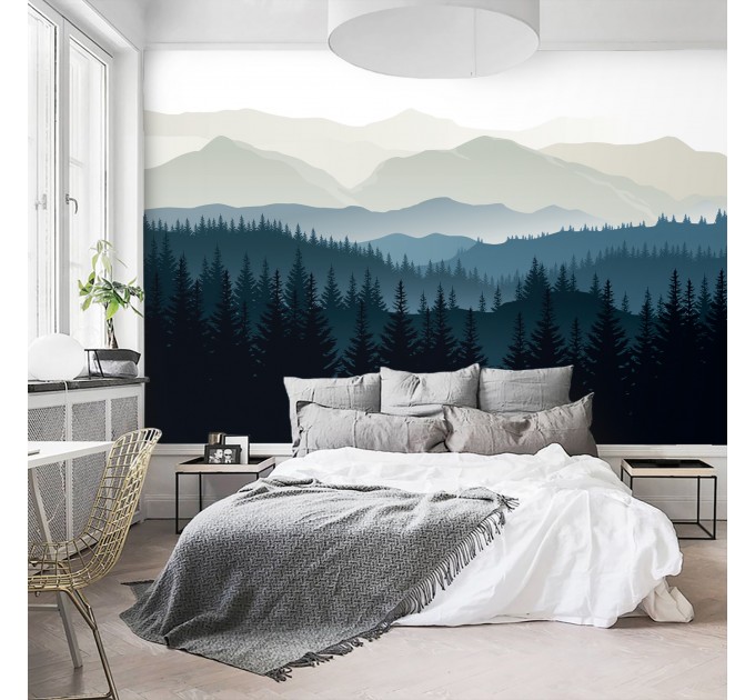 Foggy forest wall mural dark blue mountains