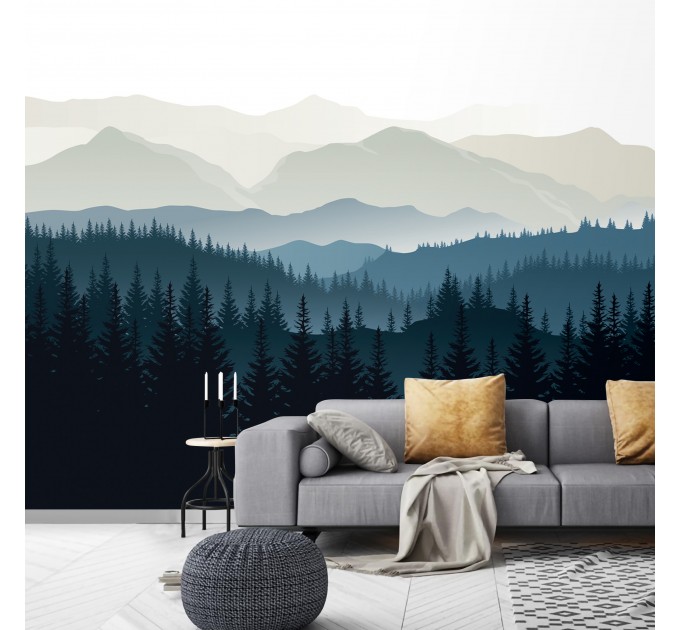 Foggy forest wall mural dark blue mountains