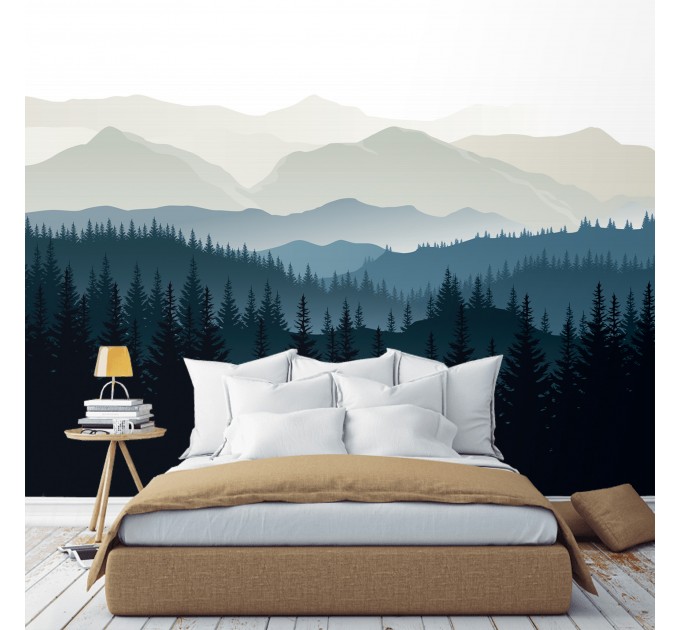 Foggy forest wall mural dark blue mountains