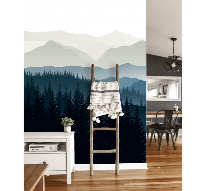 Foggy forest wall mural dark blue mountains