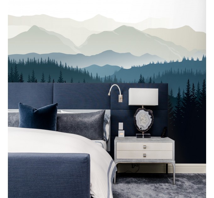 Foggy forest wall mural dark blue mountains