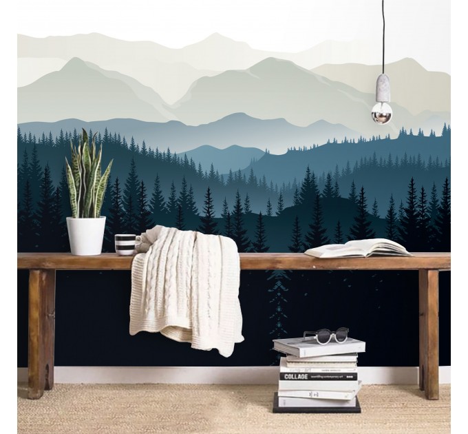 Foggy forest wall mural dark blue mountains