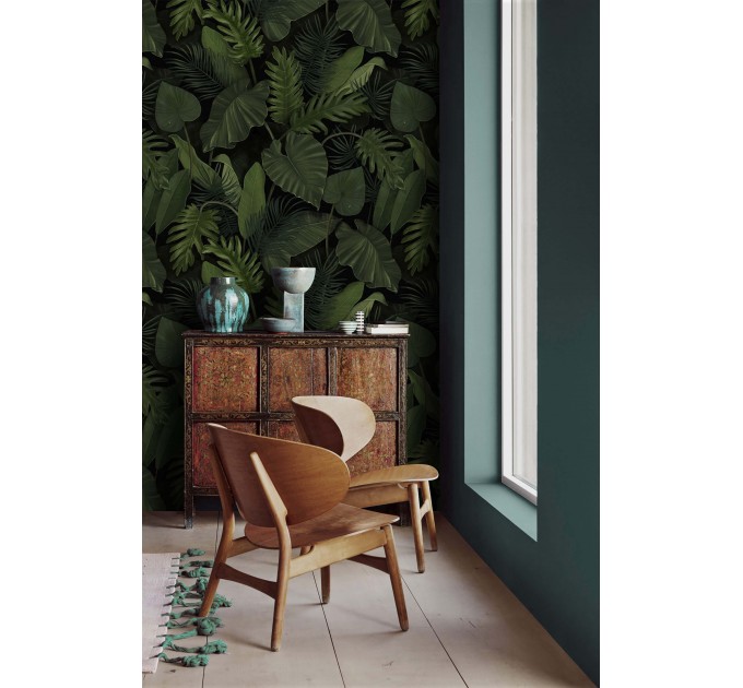 Dark green botanical wallpaper large leaves