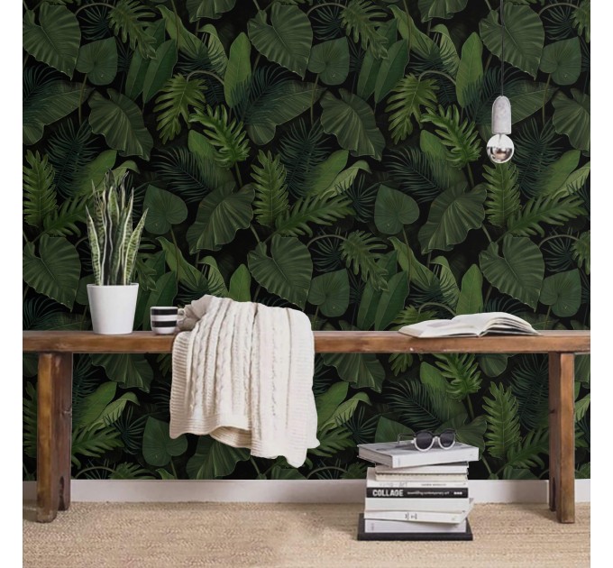 Dark green botanical wallpaper large leaves