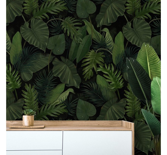 Dark green botanical wallpaper large leaves