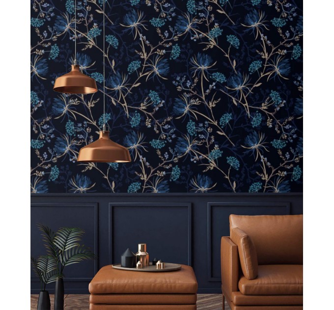 Dark floral wallpaper, dark blue flowers decor