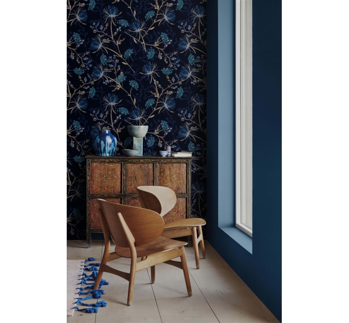 Dark floral wallpaper, dark blue flowers decor