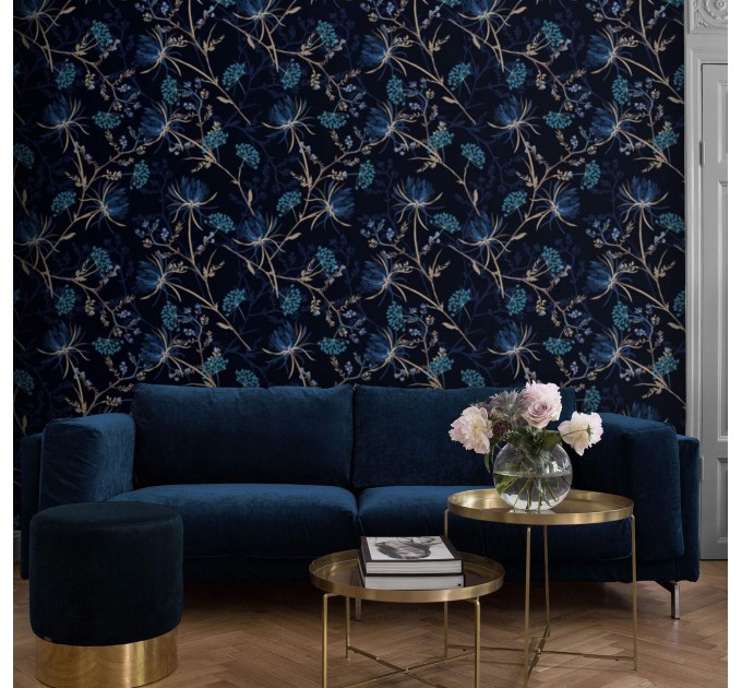 Dark floral wallpaper, dark blue flowers decor