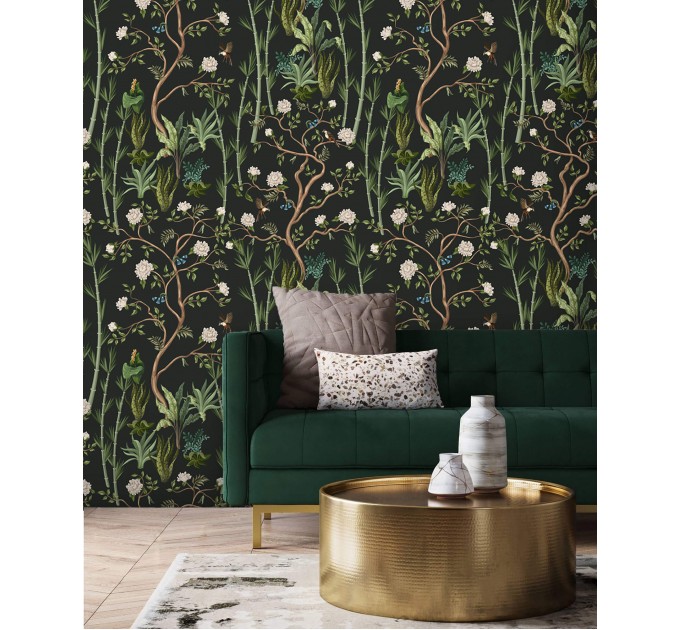 Deep green botanical wallpaper flowers and leaves