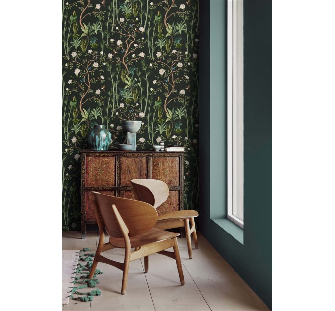 Deep green botanical wallpaper flowers and leaves